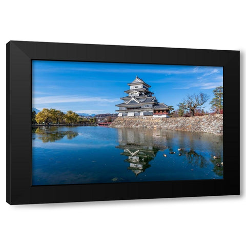 The Matsumoto Castle with reflection in the moat with bridge-walkway and mountains behind-Japan Black Modern Wood Framed Art Print by Haddad, Sheila