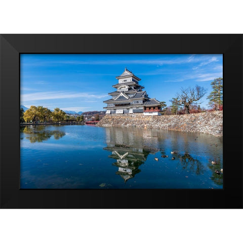 The Matsumoto Castle with reflection in the moat with bridge-walkway and mountains behind-Japan Black Modern Wood Framed Art Print by Haddad, Sheila