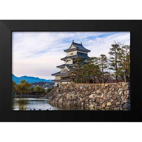 Closeup of the Matsumoto Castle in the golden light of the evening sun-Japan Black Modern Wood Framed Art Print by Haddad, Sheila