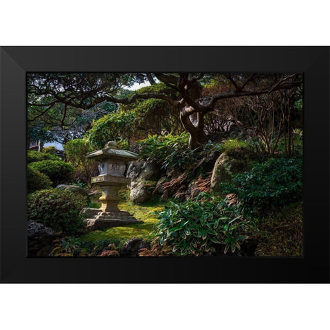 A peaceful garden with Pagoda and old tree Black Modern Wood Framed Art Print by Haddad, Sheila