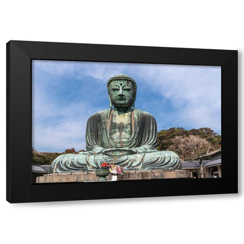 The Great Buddha-Daibutsu-offerings in front-blue sky above in Kamakura-Japan Black Modern Wood Framed Art Print by Haddad, Sheila