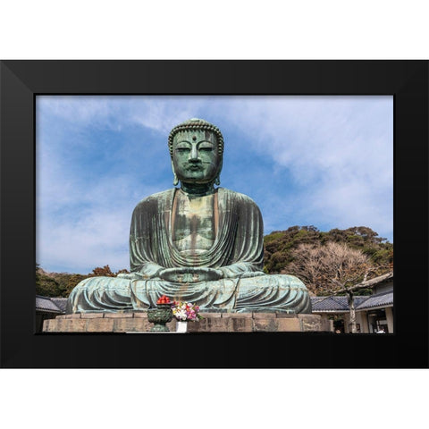 The Great Buddha-Daibutsu-offerings in front-blue sky above in Kamakura-Japan Black Modern Wood Framed Art Print by Haddad, Sheila