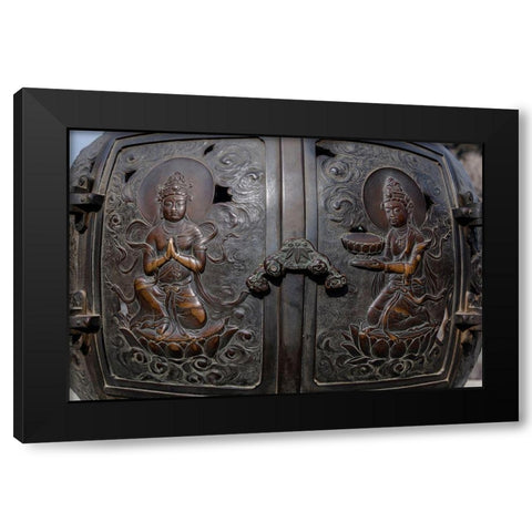 The ornate-engraved bronze doors to the outdoor incense burner of the Daibutsu-Kamakura-Japan Black Modern Wood Framed Art Print by Haddad, Sheila