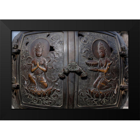 The ornate-engraved bronze doors to the outdoor incense burner of the Daibutsu-Kamakura-Japan Black Modern Wood Framed Art Print by Haddad, Sheila