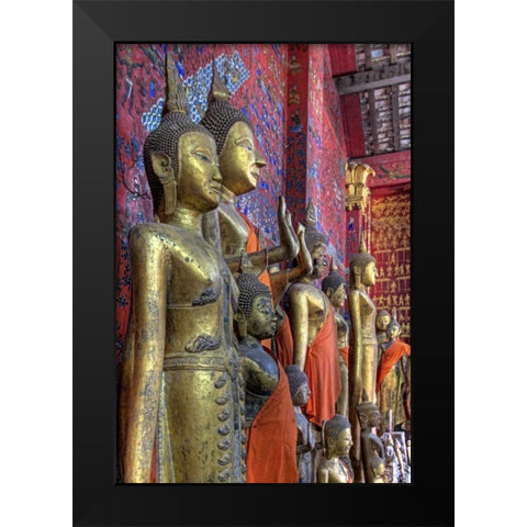 Laos, Luang Prabang Buddha statues inside temple Black Modern Wood Framed Art Print by Shimlock, Jones