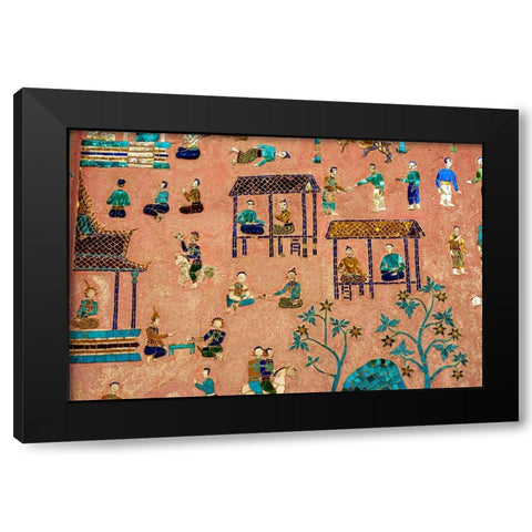 Laos-Luang Prabang-Detail of mosaic decorations depicting people on the side of a building Black Modern Wood Framed Art Print by Haseltine, Tom