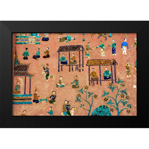 Laos-Luang Prabang-Detail of mosaic decorations depicting people on the side of a building Black Modern Wood Framed Art Print by Haseltine, Tom