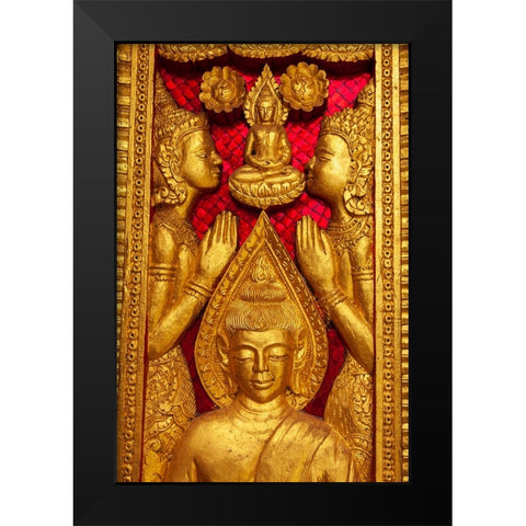 Laos- Luang Prabang. Haw Pha Bang-Carved panel on wall. Black Modern Wood Framed Art Print by Haseltine, Tom