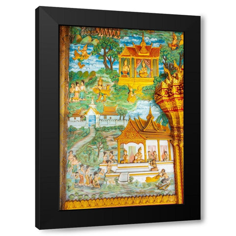 Luang Prabang- Laos. Ancient mural carvings in Wat Mahathat facade. Black Modern Wood Framed Art Print with Double Matting by Haseltine, Tom