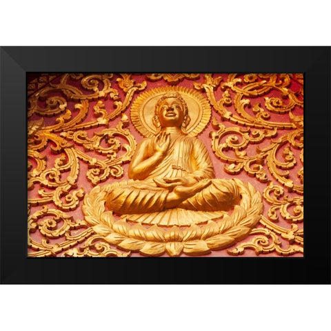 Laos- Luang Prabang. Golden relief carving of Buddha. Black Modern Wood Framed Art Print by Haseltine, Tom