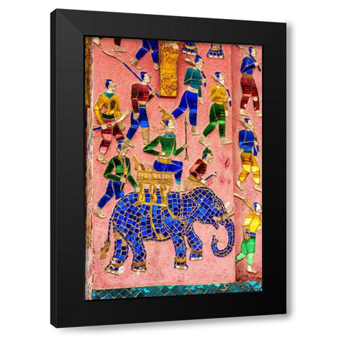 Laos- Luang Prabang. Mosaic mural depicting a man riding an elephant Black Modern Wood Framed Art Print with Double Matting by Haseltine, Tom