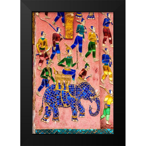 Laos- Luang Prabang. Mosaic mural depicting a man riding an elephant Black Modern Wood Framed Art Print by Haseltine, Tom