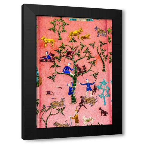 Laos- Luang Prabang. Mosaic mural depicting people and animals. Black Modern Wood Framed Art Print by Haseltine, Tom