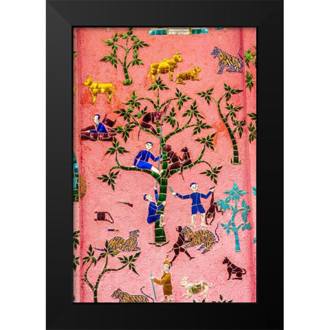 Laos- Luang Prabang. Mosaic mural depicting people and animals. Black Modern Wood Framed Art Print by Haseltine, Tom