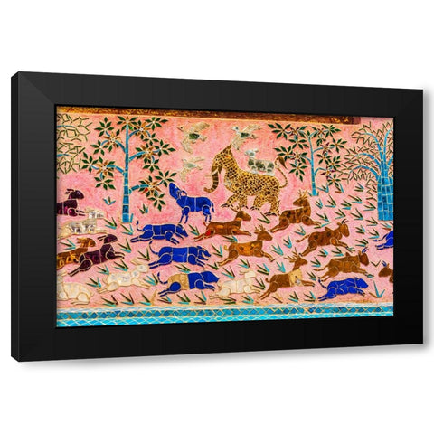 Laos- Luang Prabang. Mosaic mural depicting animals. Black Modern Wood Framed Art Print by Haseltine, Tom