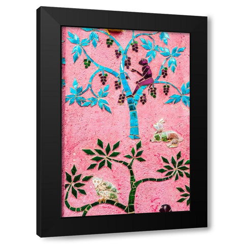 Laos- Luang Prabang. Mosaic mural depicting a monkey in a fruit tree. Black Modern Wood Framed Art Print with Double Matting by Haseltine, Tom