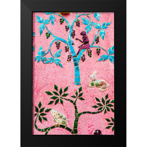 Laos- Luang Prabang. Mosaic mural depicting a monkey in a fruit tree. Black Modern Wood Framed Art Print by Haseltine, Tom