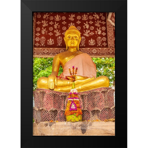 Laos- Luang Prabang. Golden Buddha statue and altar. Black Modern Wood Framed Art Print by Haseltine, Tom