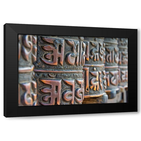 Bronze prayer wheels carved with Buddhist scripture-Swayambhunath-Kathmandu-Nepal Black Modern Wood Framed Art Print by Su, Keren