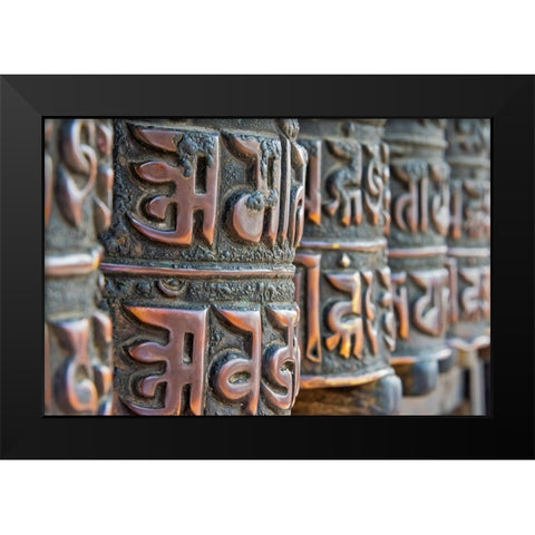 Bronze prayer wheels carved with Buddhist scripture-Swayambhunath-Kathmandu-Nepal Black Modern Wood Framed Art Print by Su, Keren