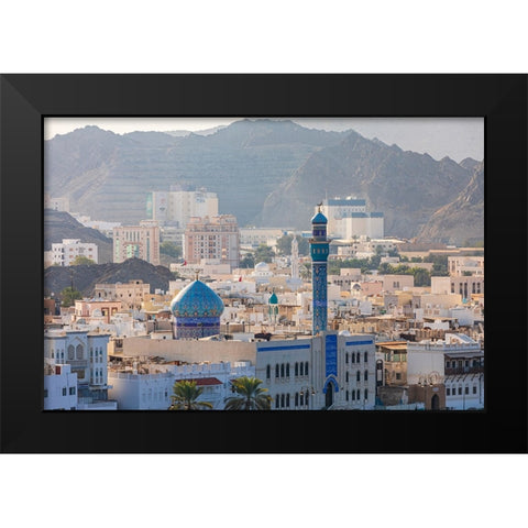 Middle East-Arabian Peninsula-Oman-Muscat-Muttrah-Blue minaret and dome of a mosque in Muttrah Black Modern Wood Framed Art Print by Wilson, Emily M.