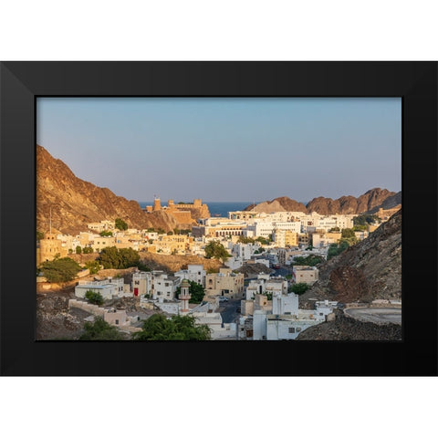 Middle East-Arabian Peninsula-Oman-Muscat-Sunset view of a neighborhood in the hills of Muscat Black Modern Wood Framed Art Print by Wilson, Emily M.