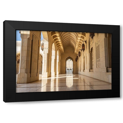 Middle East-Arabian Peninsula-Oman-Muscat-Exterior corridor of Sultan Qaboos Grand Mosque in Muscat Black Modern Wood Framed Art Print by Wilson, Emily M.