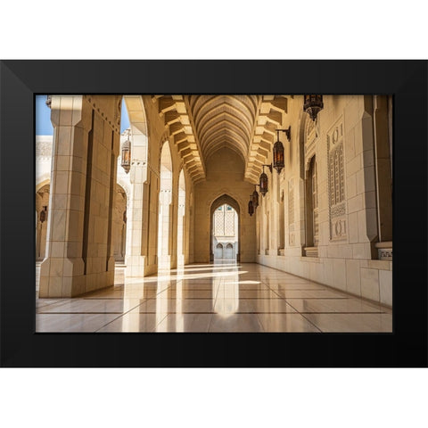 Middle East-Arabian Peninsula-Oman-Muscat-Exterior corridor of Sultan Qaboos Grand Mosque in Muscat Black Modern Wood Framed Art Print by Wilson, Emily M.