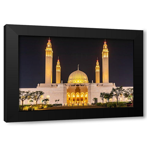 Middle East-Arabian Peninsula-Oman-Ad Dakhiliyah-Nizwa-Night view of the Sultan Qaboos Grand Mosque Black Modern Wood Framed Art Print by Wilson, Emily M.