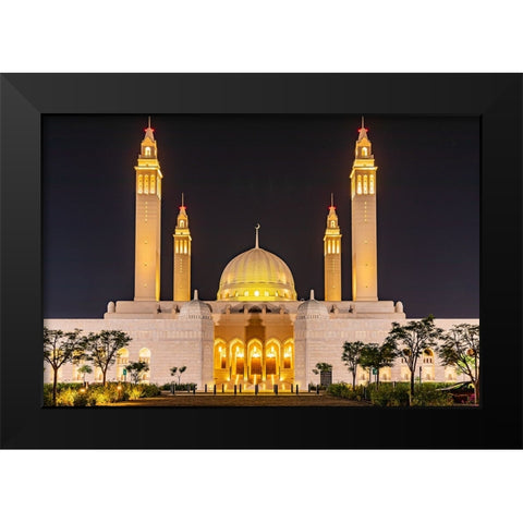 Middle East-Arabian Peninsula-Oman-Ad Dakhiliyah-Nizwa-Night view of the Sultan Qaboos Grand Mosque Black Modern Wood Framed Art Print by Wilson, Emily M.