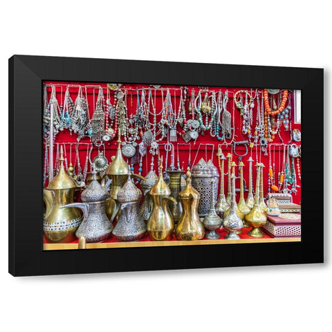 Middle East-Arabian Peninsula-Oman-Ad Dakhiliyah-Nizwa-Traditional tea pots and jewelry for sale Black Modern Wood Framed Art Print with Double Matting by Wilson, Emily M.