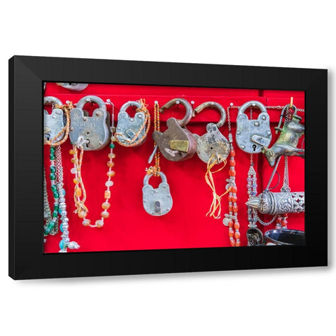 Middle East-Arabian Peninsula-Oman-Ad Dakhiliyah-Nizwa-Padlocks for sale in the souk in Nizwa Black Modern Wood Framed Art Print with Double Matting by Wilson, Emily M.
