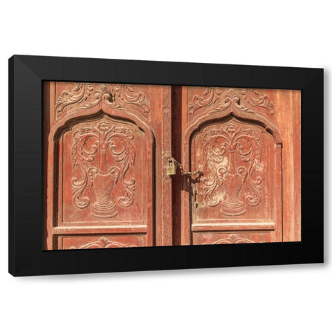 Middle East-Arabian Peninsula-Al Batinah South-Carved wooden door on a building in Oman Black Modern Wood Framed Art Print with Double Matting by Wilson, Emily M.