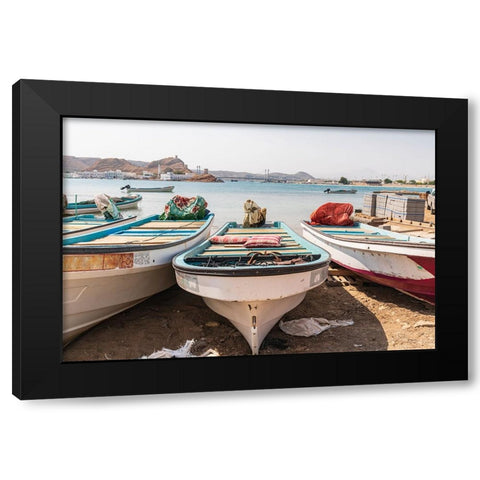 Middle East-Arabian Peninsula-Al Batinah South-Fishing boats on the beach in the harbor of Sur-Oman Black Modern Wood Framed Art Print by Wilson, Emily M.