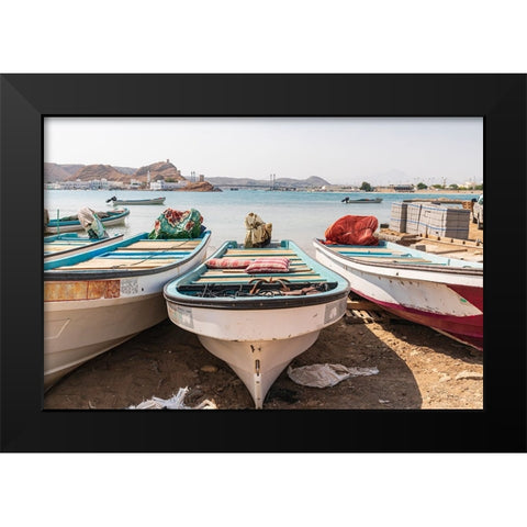 Middle East-Arabian Peninsula-Al Batinah South-Fishing boats on the beach in the harbor of Sur-Oman Black Modern Wood Framed Art Print by Wilson, Emily M.