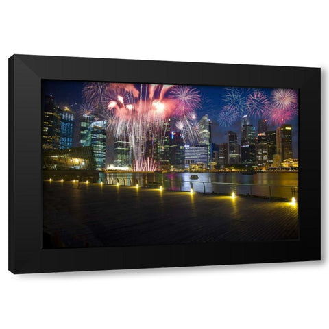 Singapore Fireworks in downtown area Black Modern Wood Framed Art Print by Zuckerman, Jim