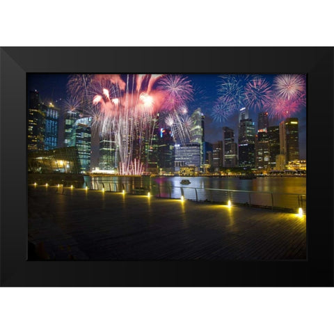 Singapore Fireworks in downtown area Black Modern Wood Framed Art Print by Zuckerman, Jim