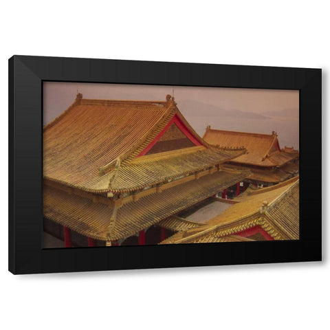 Taiwan, Wenwu Temple rooftops with Sun Moon Lake Black Modern Wood Framed Art Print by Satushek, Steve