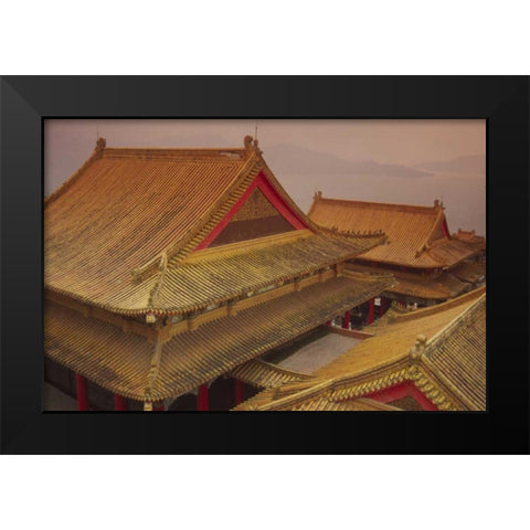 Taiwan, Wenwu Temple rooftops with Sun Moon Lake Black Modern Wood Framed Art Print by Satushek, Steve