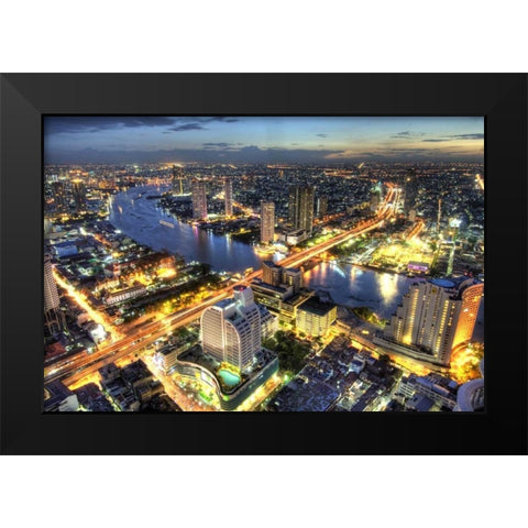 Cityscape at dusk, Bangkok, Thailand Black Modern Wood Framed Art Print by Shimlock, Jones