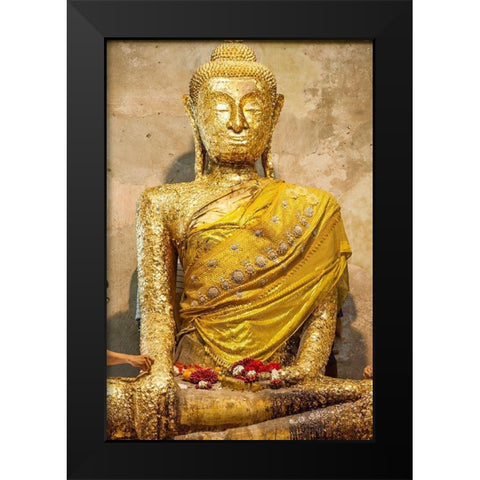 Thailand-Samut Songkhram Province-Amphawa District Buddha statue covered with gold leaf offerings Black Modern Wood Framed Art Print by Haseltine, Tom