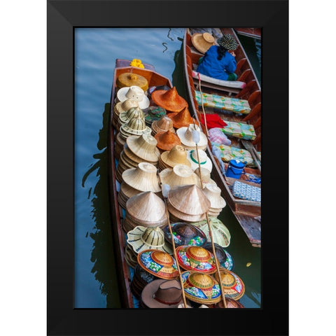 Damnoen Saduak Floating Market-Bangkok-Thailand-Boatload of hats for sale Black Modern Wood Framed Art Print by Haseltine, Tom