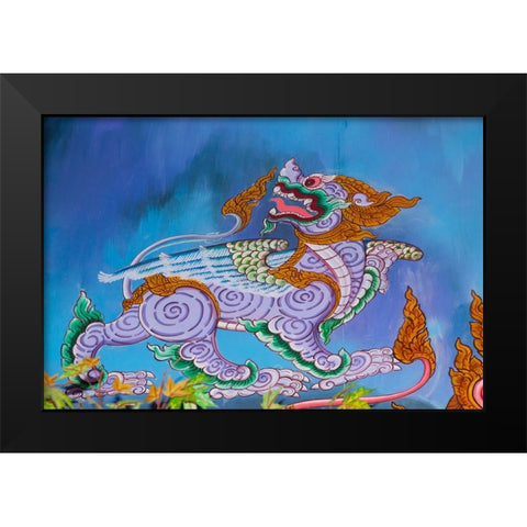 Thailand- Phuket. Mural of mythical creatures. Winged lion. Black Modern Wood Framed Art Print by Haseltine, Tom