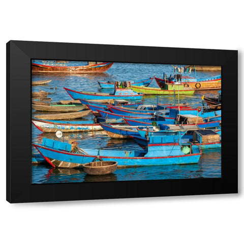 Distinctive red and blue fishing fleet in major fishing port of Nha Trang-South Central Vietnam Black Modern Wood Framed Art Print by Haseltine, Tom