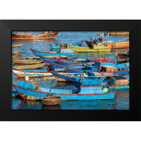 Distinctive red and blue fishing fleet in major fishing port of Nha Trang-South Central Vietnam Black Modern Wood Framed Art Print by Haseltine, Tom