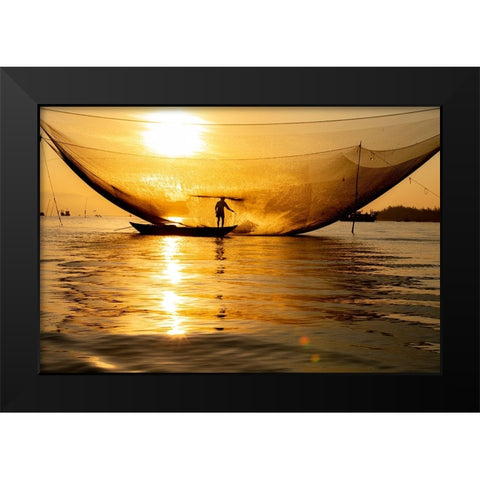 Vietnam-Fisherman emptying the nights catch in the Lagoon Black Modern Wood Framed Art Print by Norring, Tom
