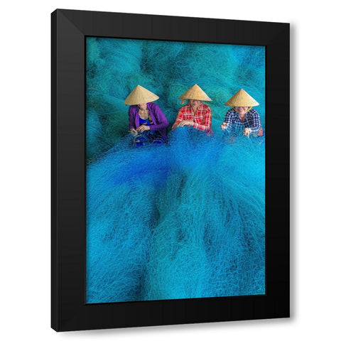Vietnam-Women repairing fishing nets Black Modern Wood Framed Art Print with Double Matting by Norring, Tom