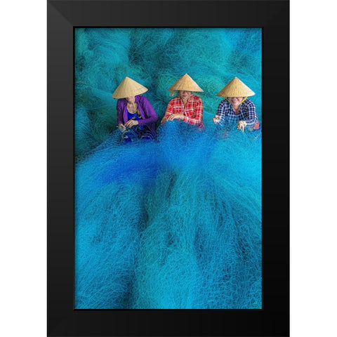 Vietnam-Women repairing fishing nets Black Modern Wood Framed Art Print by Norring, Tom