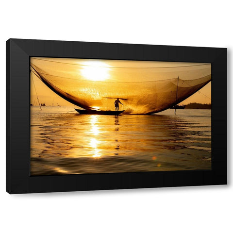 Vietnam-Fisherman emptying the nights catch in the Lagoon Black Modern Wood Framed Art Print with Double Matting by Norring, Tom