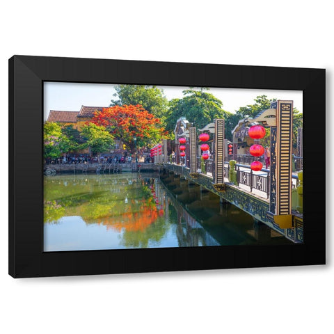 Vietnam-Hoi An bridge over the river with reflections and silk lamps Black Modern Wood Framed Art Print with Double Matting by Norring, Tom